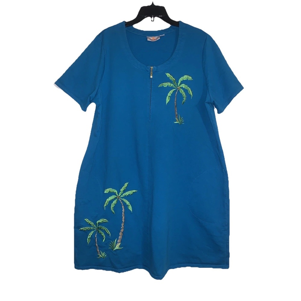 Quacker Factory Dress 1X Blue Palm Trees Tropical Resort Cruise Beach Embroidery